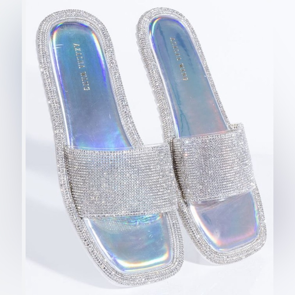 Embellished Silver Slide Sandals - Women's Sparkle Sandals